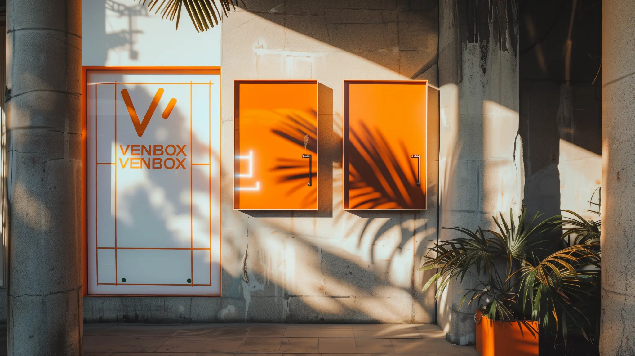 VENBOX visual identity installed across orange wall panels in a bright exterior space.