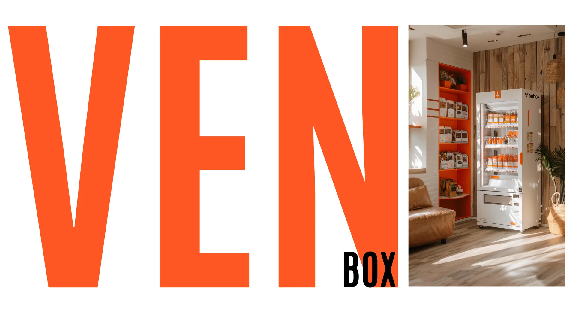 VENBOX cover page with large orange VEN typography and a vending machine interior photograph.