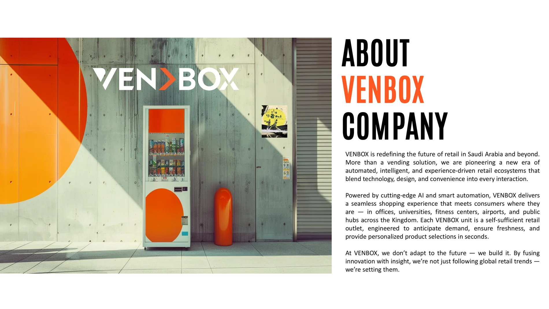 About VENBOX company page with storefront vending image and company description.