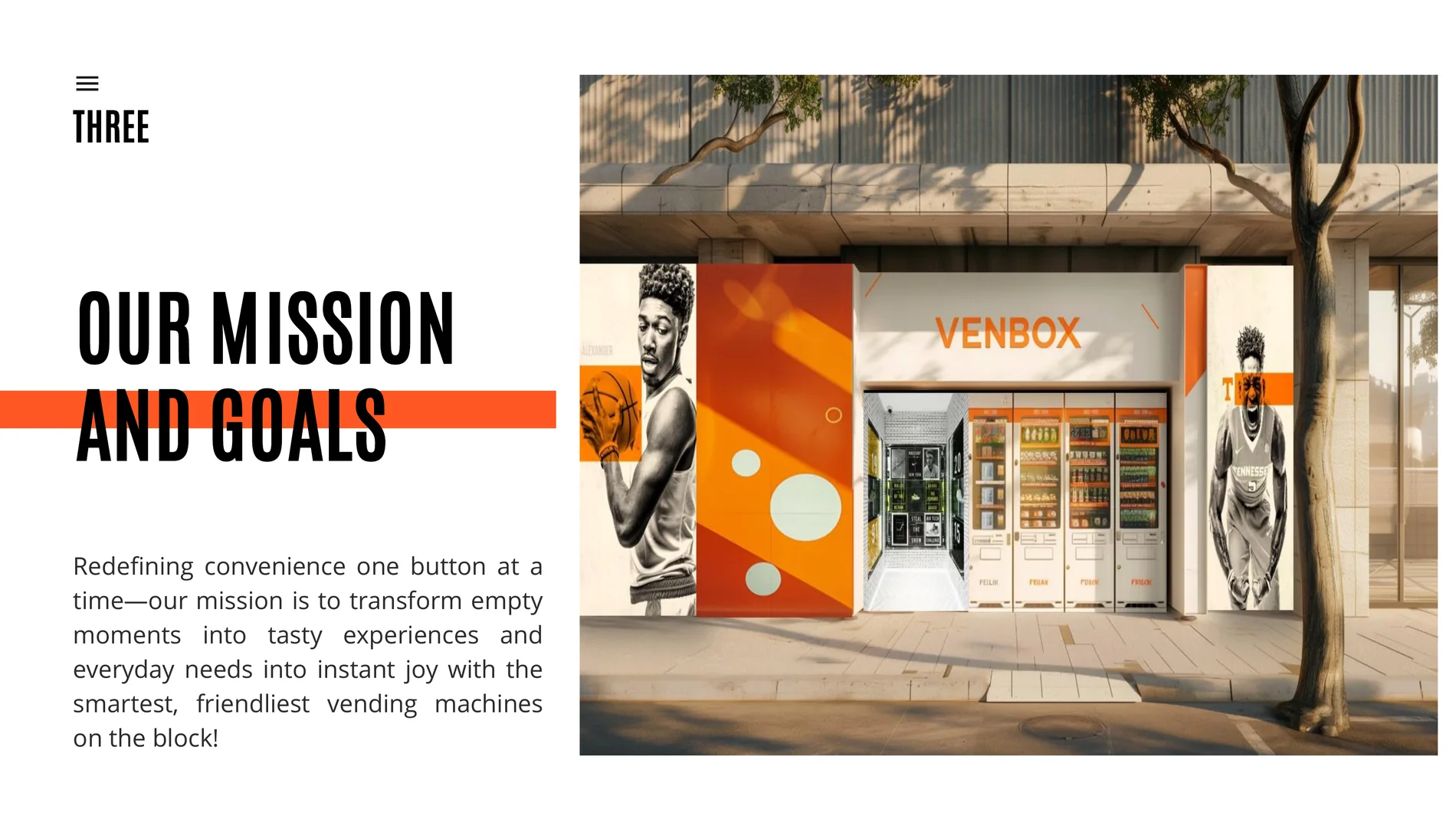 Our mission and goals page with bold black headline, orange rule, paragraph, and storefront image.
