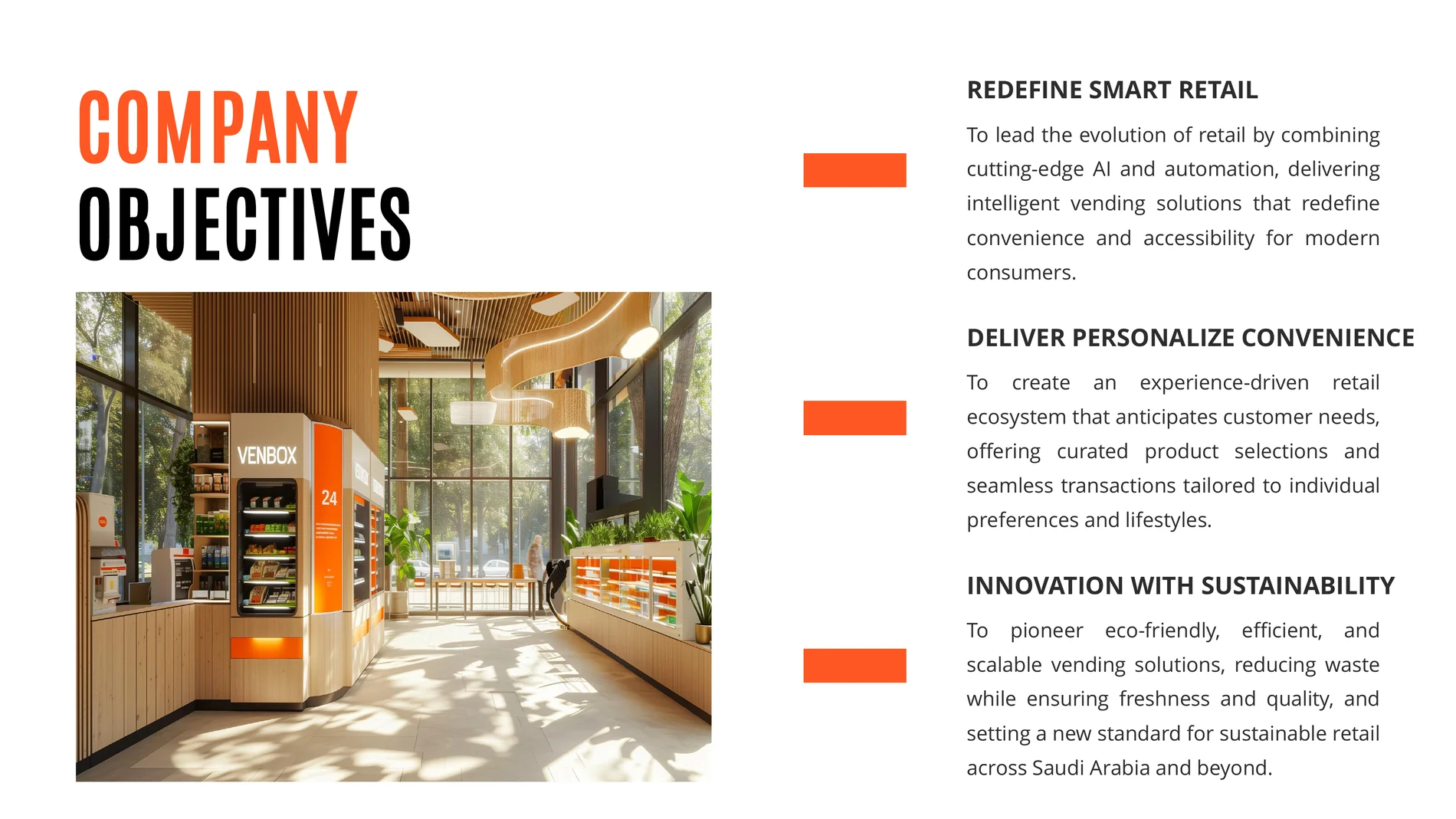 Company objectives page with interior vending image and three objective descriptions.