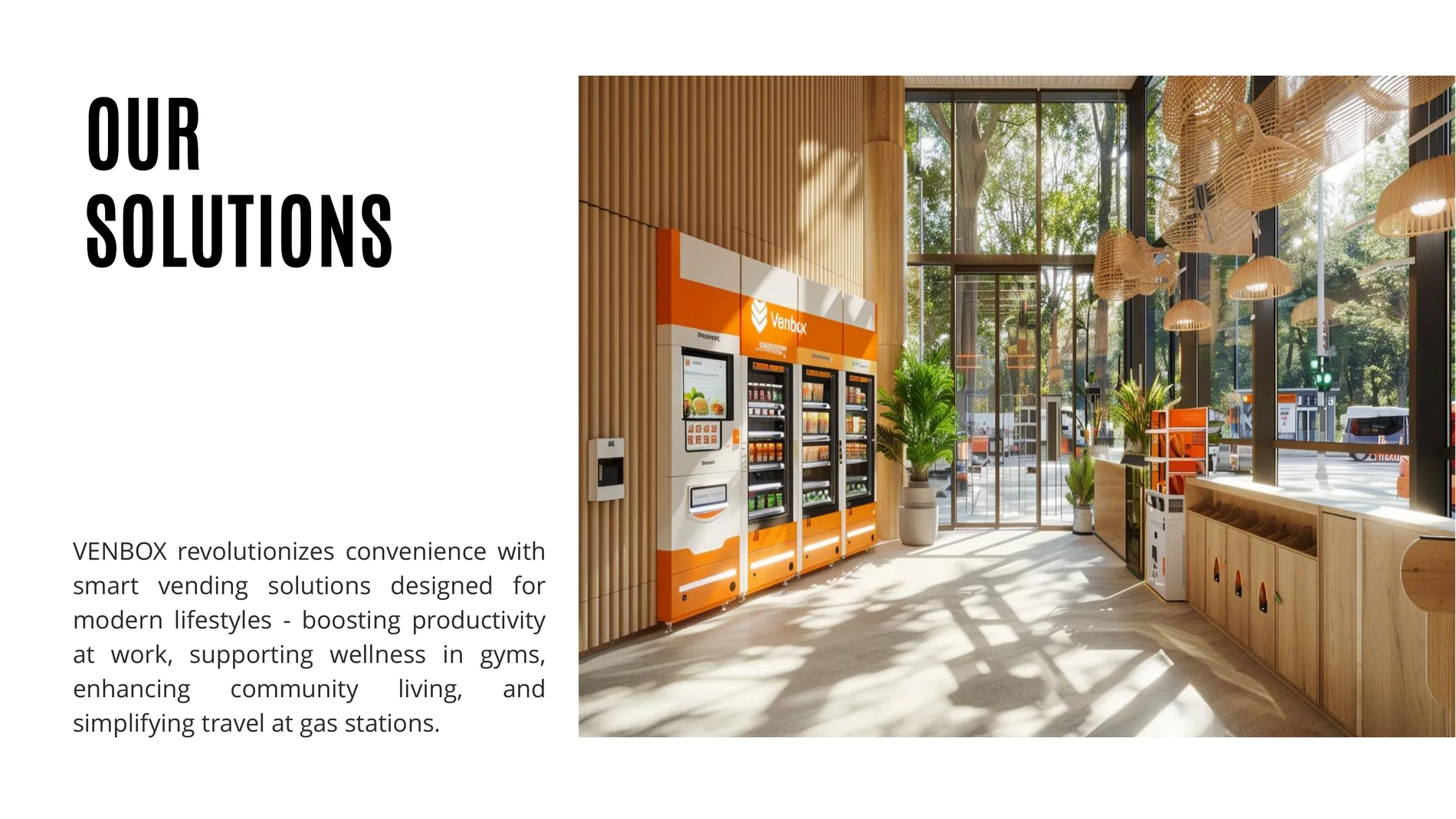 Our solutions page with left headline and text and large right interior vending photograph.