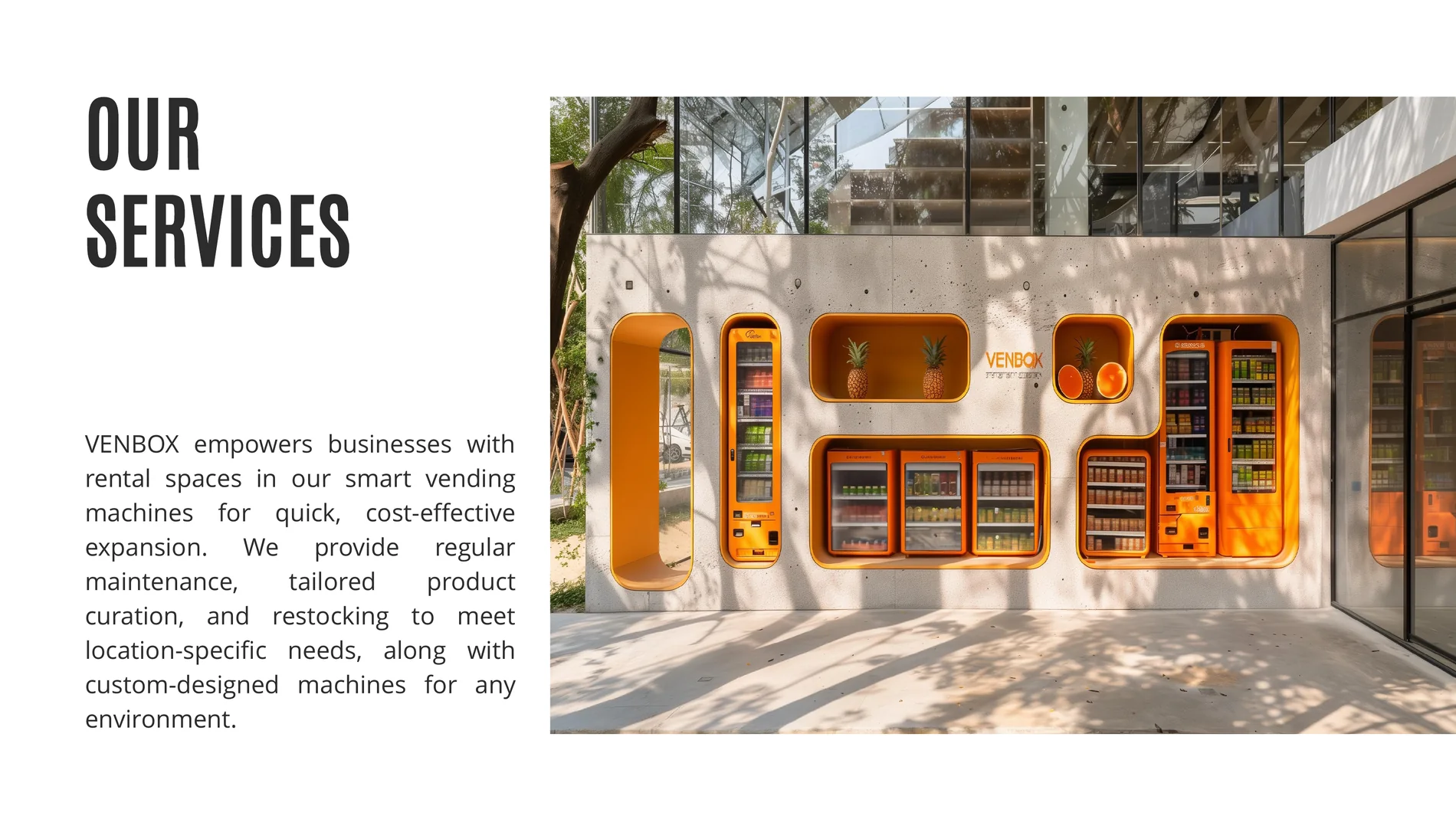 Our services page with left headline and text and right orange vending installation photograph.