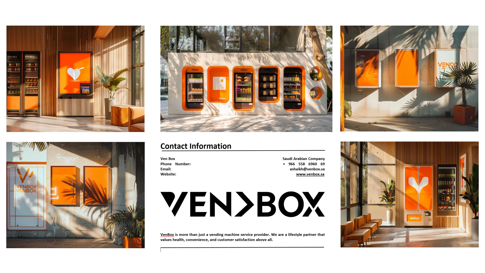 VENBOX contact page with photography collage, large VENBOX logo, phone, email, and website details.