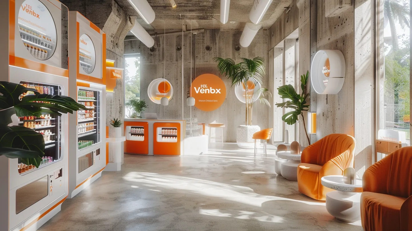 Bright VENBOX interior with vending units, orange lounge seating, and a premium hospitality setting.