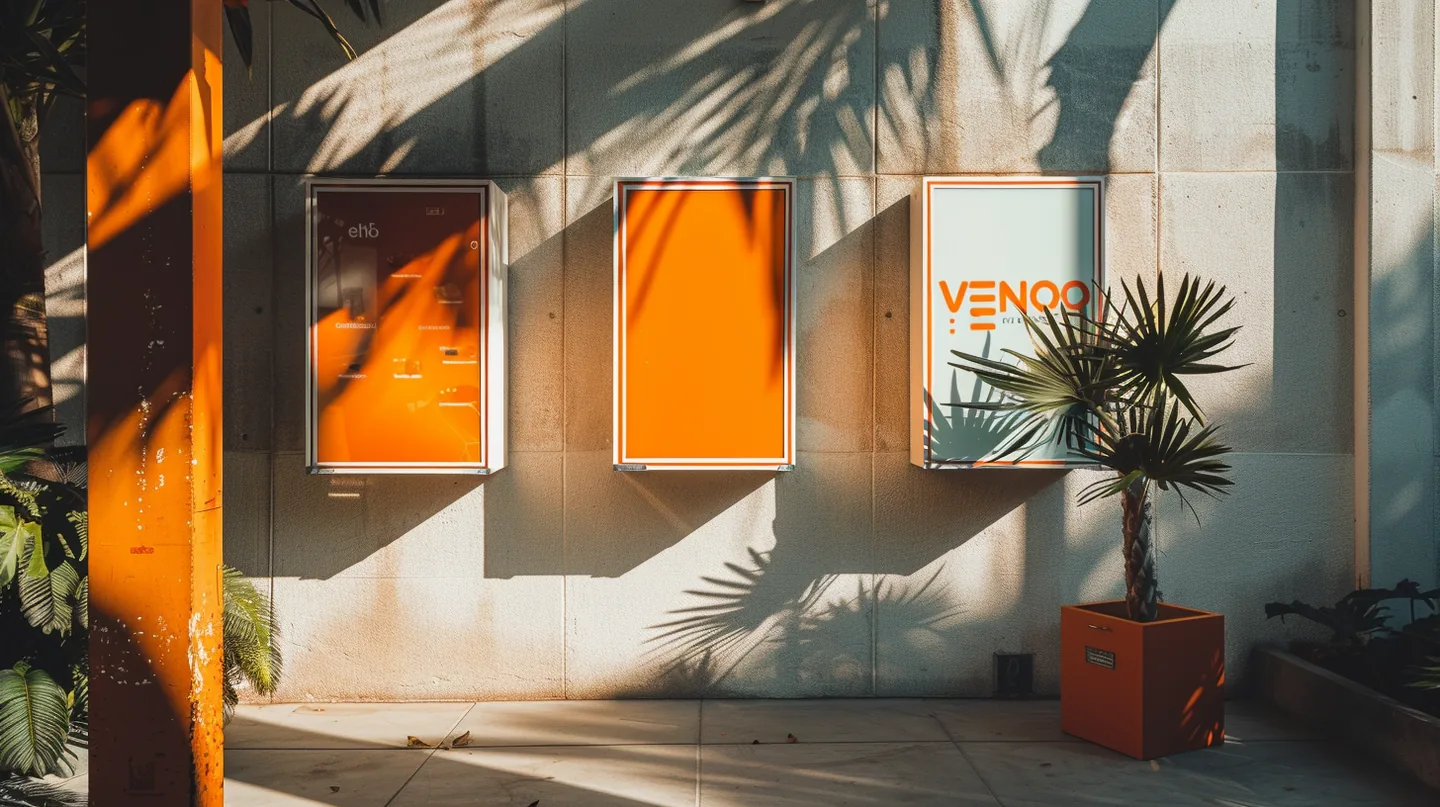 VENBOX brand panels in a sunlit glass-fronted venue.