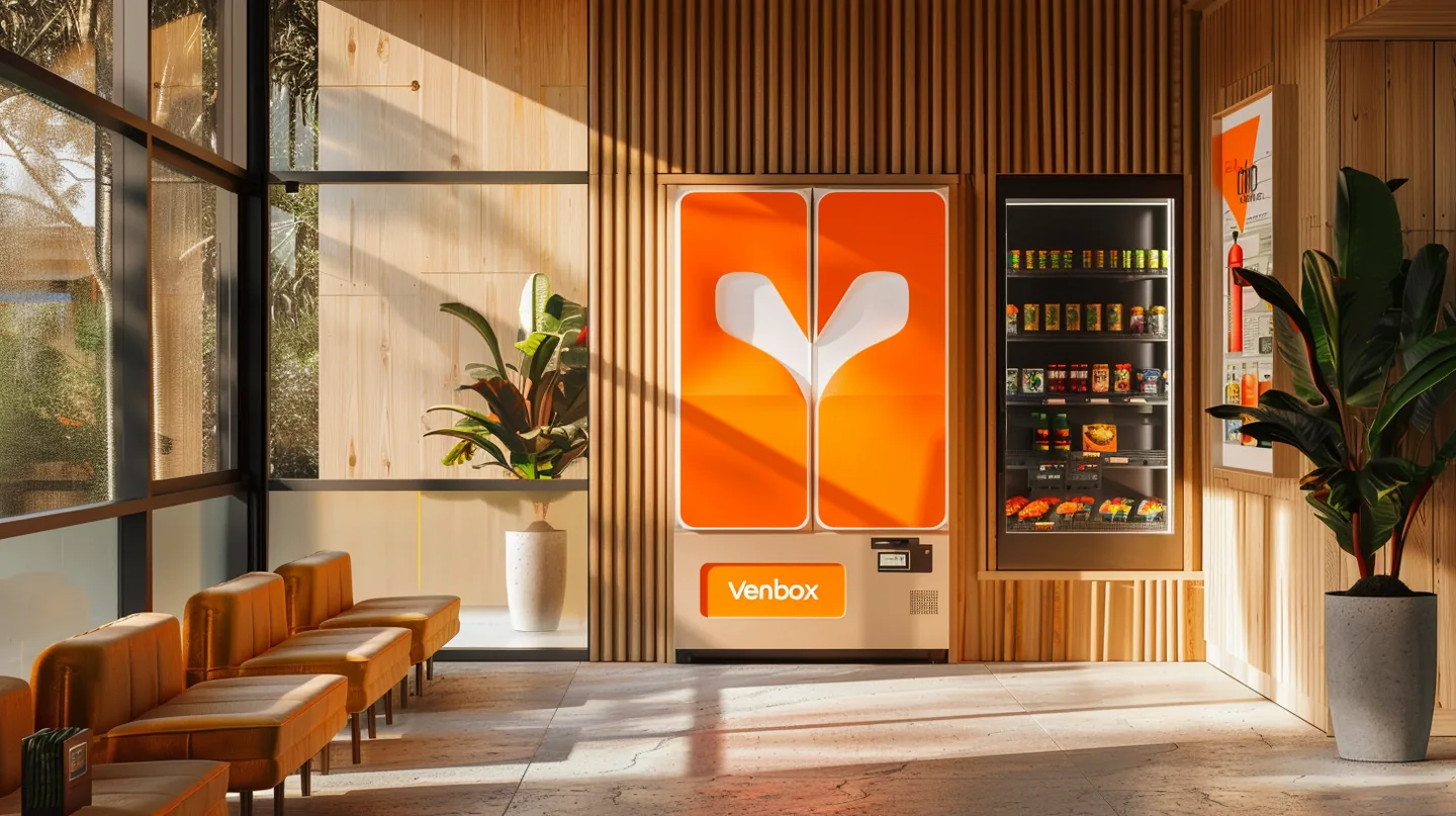 VENBOX machine placed beside seating in a premium interior corridor.